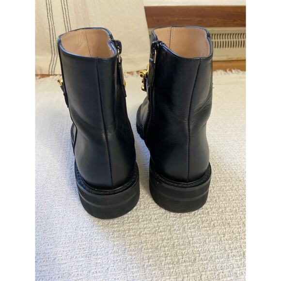 Stuart Weitzman Gold Chain Lift Leather Boot Black Lug Sole Moto Combat - Picture 4 of 8